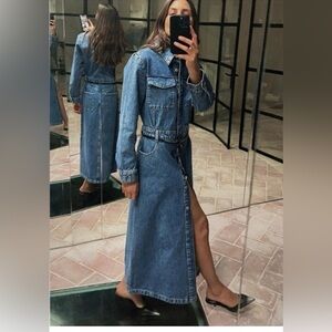 Zara Denim Button-Front Maxi Dress with Belted Waist
